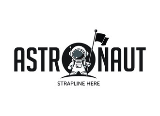 Astronaut in space standing on, and in front of, a moon or planet holding a flag. Vector logo/illustration