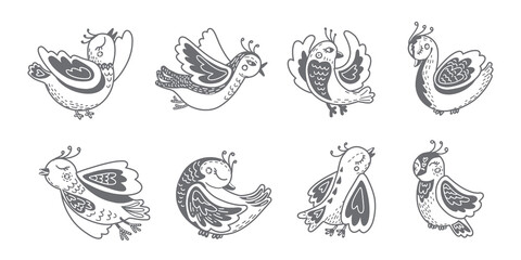 birds with different folk ornaments. scandinavian style. Flat design. Hand drawn vector set. fantasy magic birds © Юлия Мальцева