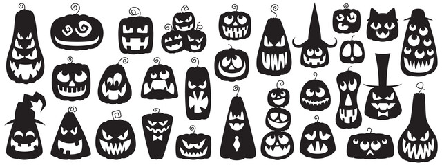 Halloween carved pumpkin silhouette set. Jack o Lantern designs with different faces. Black shapes on white background. For Halloween decoration and design.