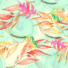 Watercolor seamless pattern. Branch with berry Watercolor background, drawing with autumn leaves, plants, berries, branches of linden, aspe. Spikelet, wheat, wild grass. Raindrops, water, splashes