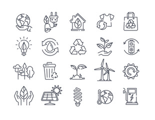 Fototapeta premium Black and white ecology icons showing natural and organic products, green energy, recycling on white, colored vector illustration