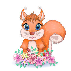 Couple of cute cartoon squirrel with beautiful eyes with flowers, wreath