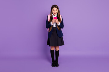 Full length body size profile side view of her she attractive small little cheerful amazed...