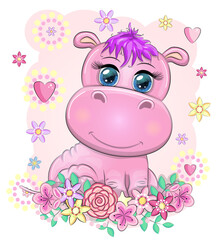 Cute hippo cartoon with beautiful eyes hand-drawn illustration. print t-shirts, baby clothes fashion design