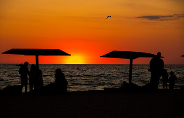 Black silhouettes of people and beach umbrellas against a bright sunset.