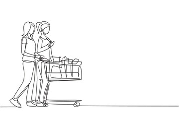 One continuous line drawing two young beauty happy woman shopping and pushing trolley together at supermarket to buy daily organic products. Shopping concept. Single line draw design illustration
