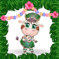 Cute bull character on white background. Cheerful ox dancing. 2021 Lunar Year animal symbol.