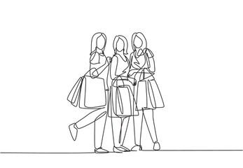 Fototapeta na wymiar Single continuous line drawing group of beauty women holding paper bags while shopping together at mall. Business retail shopping concept. One line draw vector graphic design illustration