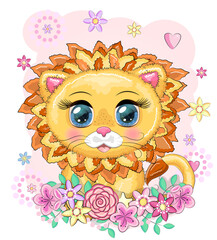 Fototapeta premium Cute cartoon lion with big eyes in a children's bright style.