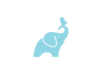 Butterfly resting on the trunk of an elephant. Strength and gentleness concept. Vector logo, emblem or symbol