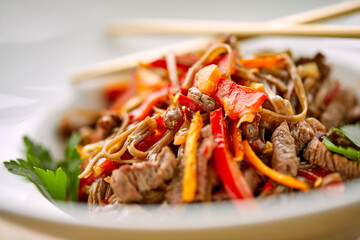 Stir fry noodles soba with beef