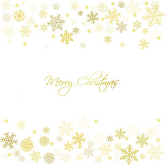 Gold Christmas snowflakes background. Winter golden snow minimal frame decoration on white, greeting card. New Year Holidays subtle backdrop. Noel Vector illustration