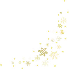 Gold Christmas snowflakes background. Winter golden snow minimal frame decoration on white, greeting card. New Year Holidays subtle backdrop. Noel Vector illustration