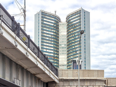 View from below on the skyscraper of the COMECON building