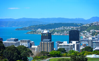 Fototapeta na wymiar Wellington CBD and Wellington Harbour as seen from a high view point on a bright sunny day. Green mountains and quiet suburbian ares in the background. Wellington, New Zealand.