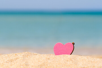 A small pink heart sticks out in the sand against the background of the blue sea. A red beetle is crawling along the edge of the heart.