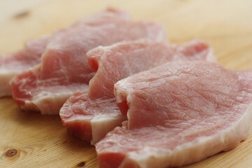 Fresh pork escalope on a wooden table