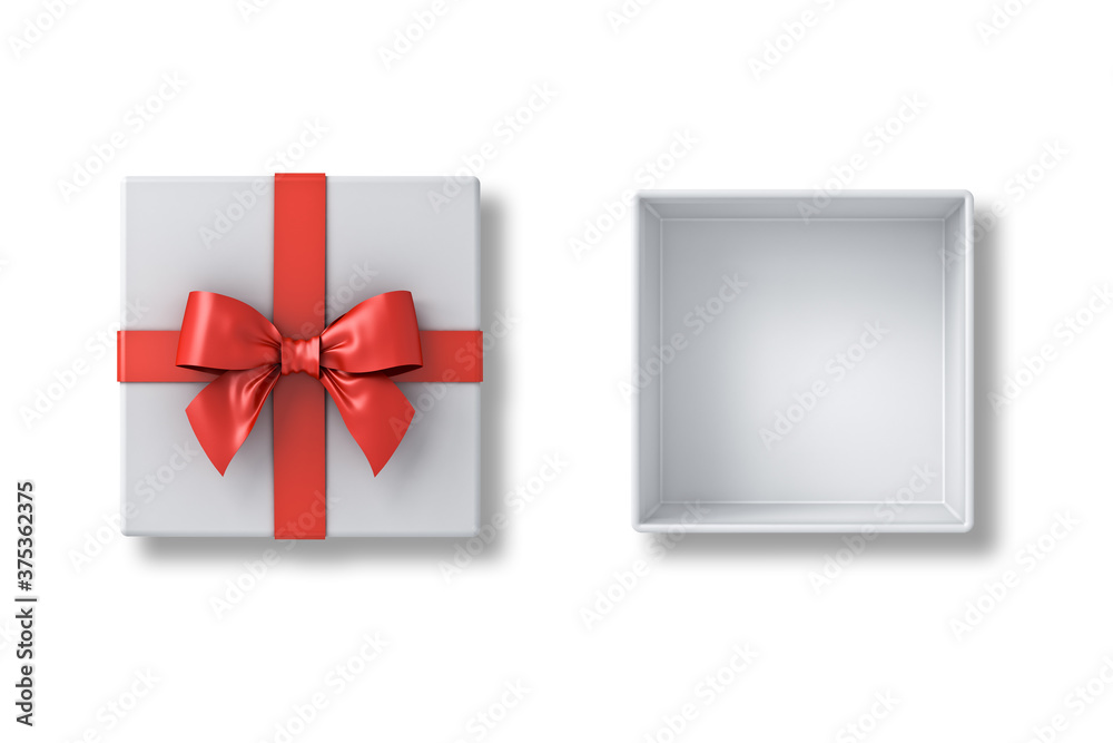 Aufkleber Top view of white present lid with red ribbon bow and empty gift box isolated on white background with shadows 3D rendering