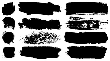 A collection of brush strokes with a dry brush. Black paint. Blots of ink