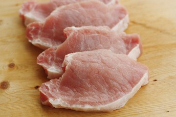 Fresh pork escalope on a wooden table