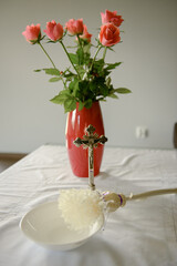 Christian detaill - traditional polish parents marriage blessing to Bride and Groom before wedding.
