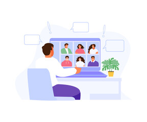 People group communicate using video chat. Online meeting webinar. Vector illustration
