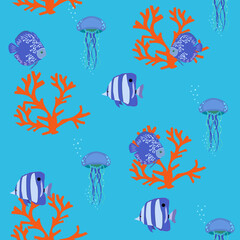 Seamless vector illustration with jellyfish and fish on a blue background.