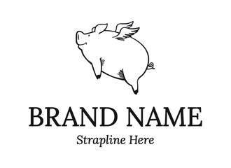 Flying pig with wings in black and white. Vector logo/illustration.
