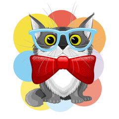 Illustration with a cute cat in glasses and with a bow tie on a background of multicolored circles.