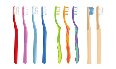 Vector set of toothbrushes. Colored, different toothbrushes isolated on a white background.