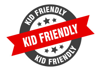 kid friendly sign. round ribbon sticker. isolated tag
