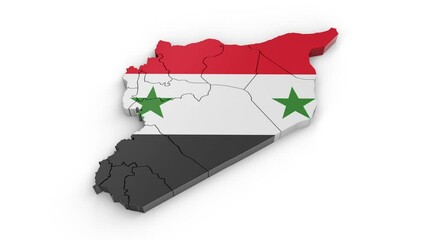 Map of Syria with flag. Formed by individual states, falling from top to bottom on white background. Alpha Animation