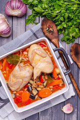 Stewed poultry with vegetables and beans