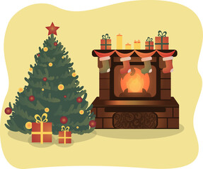 Christmas tree and Fireplace and with christmas decorations vector flat illustration. Fireplace with fire and socks, gifts, candle and spruce with balls and star. New year style, holidays vibes.