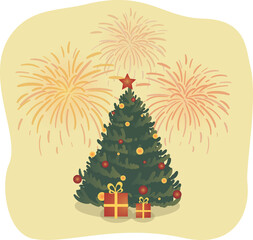 Spruce with decorations and fireworks and gifts vector flat illustration. Christmas tree with balls, star and holiday boxes. New year style, holidays vibes, Christmas mood.