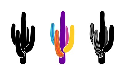 Vector illustration of cacti isolated on a white background. Icons, silhouettes of cacti. Mexican desert cactus, tropical plants, summer garden. Abstract creative decorative cactus, succulent, aloe