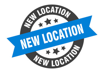 new location sign. round ribbon sticker. isolated tag