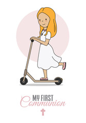 First communion card.  Girl on scooter. isolated vector
