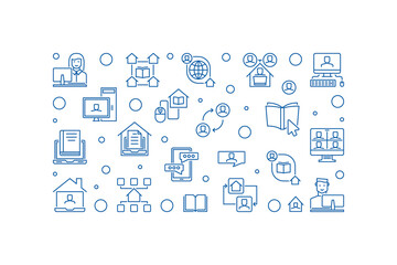 Online Education or E-learning outline concept horizontal banner. Vector illustration