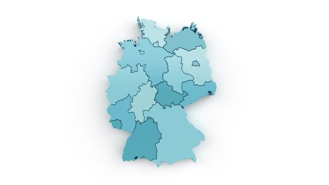 Map of Germany in blue-green colors, top view. Formed by separate areas falling from top to bottom against a white background.