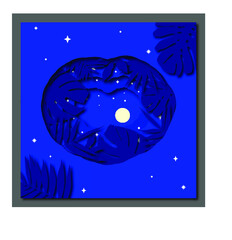 Night blue landscape with leaves moon and stars