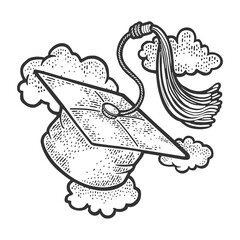 Square academic bachelor cap flying at sky on clouds background sketch engraving vector illustration. T-shirt apparel print design. Scratch board imitation. Black and white hand drawn image.