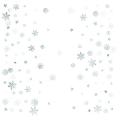 Silver Christmas snow background. Winter snowflakes subtle frame decoration on white, greeting card. New Year Holidays subtle backdrop. Noel Vector illustration