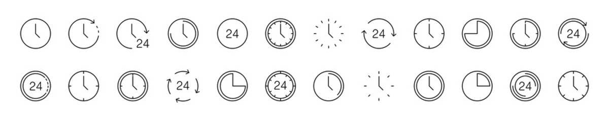 Time icons. Clock collection. Time and Clock vector collection. Big set of a round line icons. Time and clock, isolated on white background. Web icons in Thin linear simple design. Vector illustration