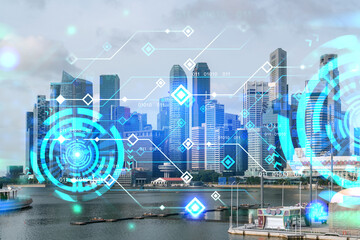 Technology hologram over panorama city view of Singapore. The largest tech hub in Asia. The concept...