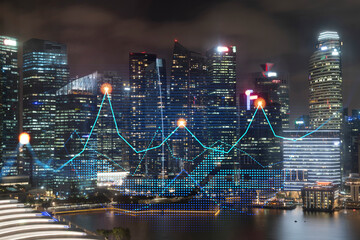 Plakat Stock market graph hologram, night panorama city view of Singapore, popular location to gain financial education in Asia. The concept of international research. Double exposure.