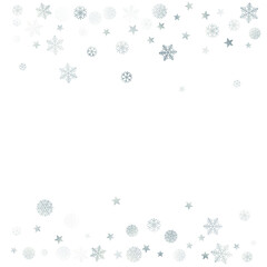 Silver Christmas snow background. Winter snowflakes subtle frame decoration on white, greeting card. New Year Holidays subtle backdrop. Noel Vector illustration