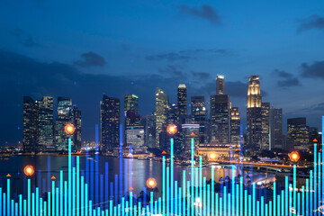 Stock market graph hologram, night panorama city view of Singapore, popular location to gain financial education in Asia. The concept of international research. Double exposure.