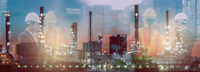 Composite image of the engineers teamwork on the oil&gas refinery for industry background concept 