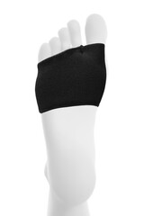 Detailed shot of a cushion pad on forefoot for relief from metatarsal and foot pain, for running and walking. The black foot protector is fixed on a white leg dummy. 